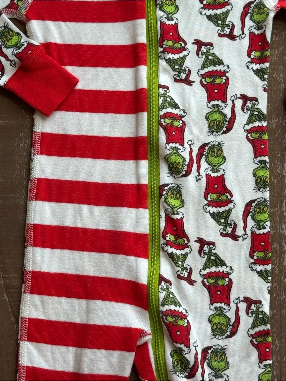 Hanna Andersson Red & White Stripe Grinch Print Footie with Green Trim